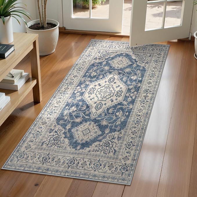 Lahome Oriental Small Area Rug, 2x4 Washable Entryway Rug Non-Slip Ultra-Thin Indoor Door Mat Distressed Throw Carpet for Kitchen Bedroom Eleanor, Blue