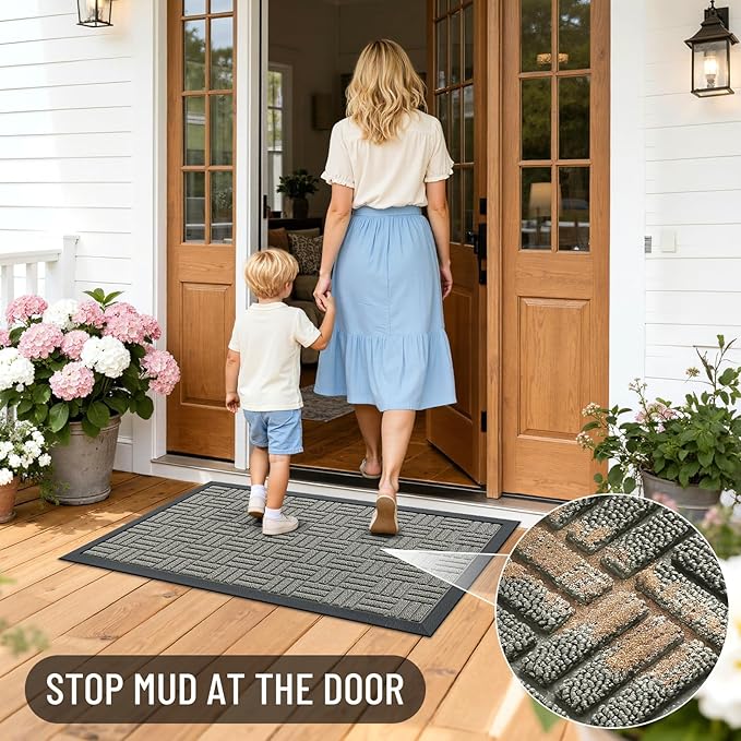 OLANLY Front Door Mat Outside Entrance 71x23, Absorbent, Heavy Duty Sturdy Natural Rubber Doormat Indoor Outdoor, Non-Slip, Stain and Fade Resistant, Low Profile Floor Mat for Entryway, Modern Gray
