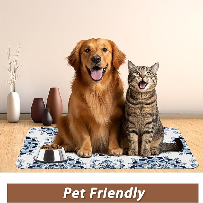 Mandala Flower Dog Food Mat for Floors,Blue Boho Floral Absorbent Quick-Dry Pet Feeding Mat,Cat Dog Bowl Mats for Food and Water,Non-Slip Pet Accessories Supplies 12"x20"