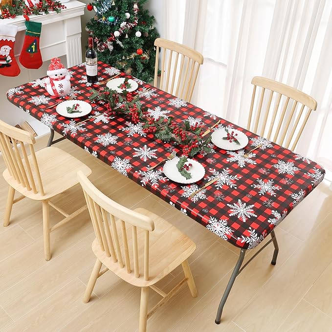 misaya Rectangle Vinyl Tablecloth, Fitted Table Cover, Waterproof, Elastic Edge, Flannel Backing, Plastic Table Cloth Fit 6 Foot Folding Tables for Christmas Dinner (Buffalo Snowflakes, 30x72 inch)