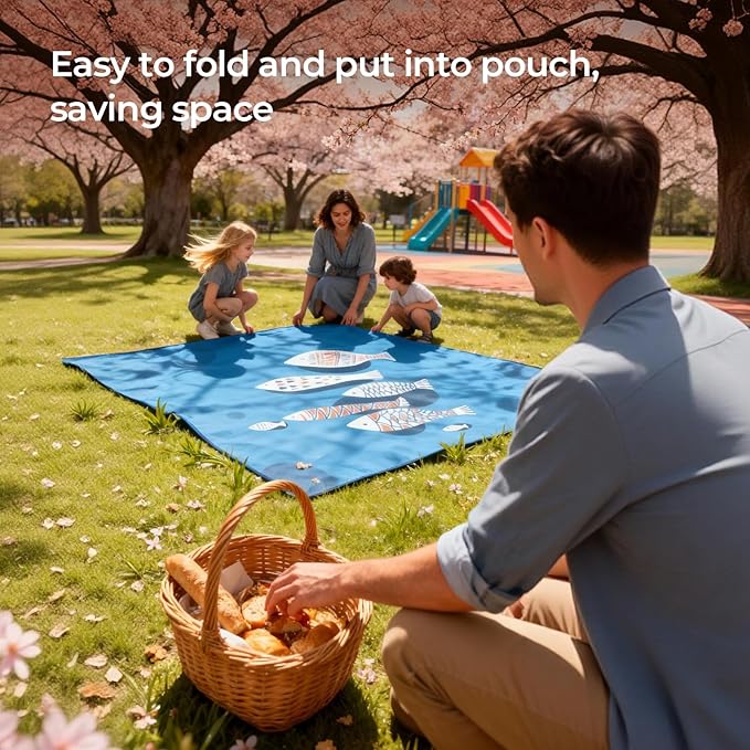 Blue Fish Beach Mat 75"x75" – Outdoor Picnic Blanket, Waterproof Sand Mat for Camping, Grass & Travel, Portable Foldable Ground Mat with Bag
