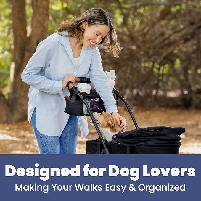 rubyloo Dog Stroller Caddy Organizer with Poop Bag Dispenser, Treat Pocket, Water Bowl – Dog Stroller Accessories with Insulated Cup Holders, Pet Storage & Non-Slip Fit for 14"-19" Wide Handlebars
