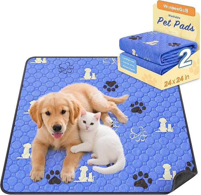 WanpeeGoo Washable Pee Pads, Puppy Pee Pad for Dogs, 2 Pack Absorbent Reusable Training Dog Pads Pet Puppy Pads, Non-Slip Potty Pads for Whelping, Playpen, Crate, Bed, Blue 24"x24"
