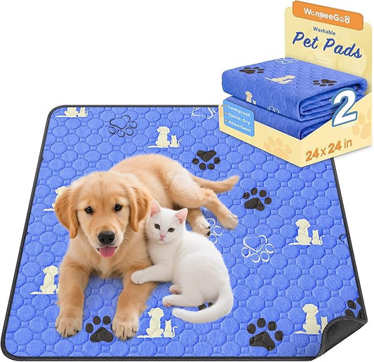 WanpeeGoo Washable Pee Pads, Puppy Pee Pad for Dogs, 2 Pack Absorbent Reusable Training Dog Pads Pet Puppy Pads, Non-Slip Potty Pads for Whelping, Playpen, Crate, Bed, Blue 24"x24"