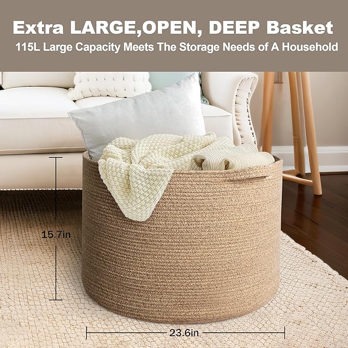 115L Wicker Storage Basket, 23.6"x15.7" Woven Cotton Rope Basket, Giant Kids Dog Toy Bin Organizer, XXXL Blanket Pillow Holder for Living Room, Brown Variegated Wicker Baskets for Organizing