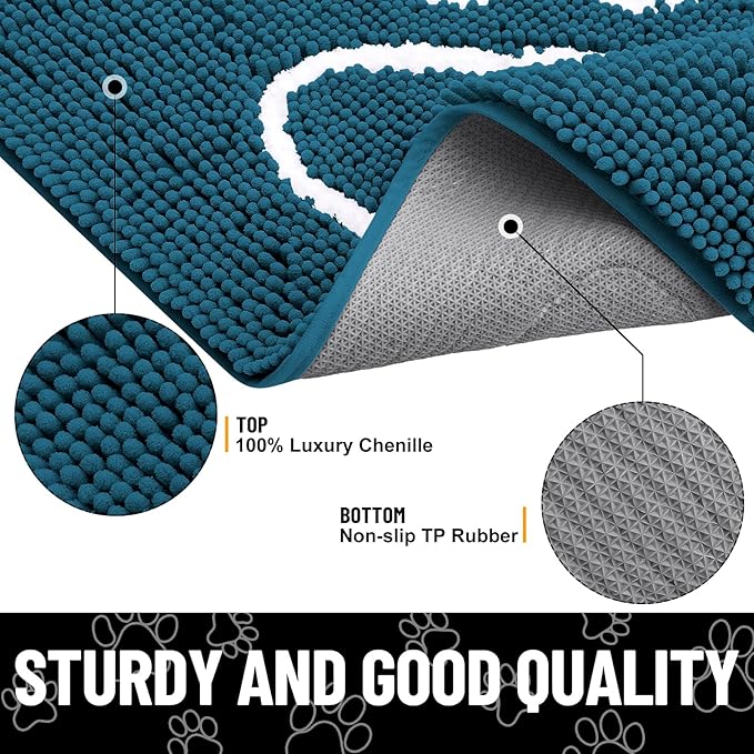Smiry Dog Door Mat for Muddy Paws, Absorbent Dirt Trapper Non Slip Quick Dry Washable Chenille Mat for Mud Dogs, Entry Rug for Indoor and Outdoor (59x35 Inches, Atlantic Blue and White)