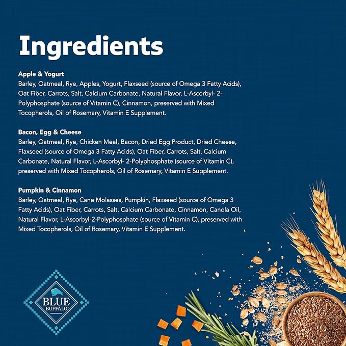 Blue Buffalo Health Bars Crunchy Dog Biscuits, Variety Pack, Bacon, Egg & Cheese, Apple & Yogurt, Pumpkin & Cinnamon, 16-oz Bags