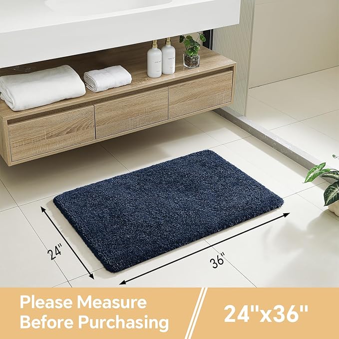 Navy Blue Bathroom Rugs 24"x36" - Fluffy Microfiber Bath Mat, Non Slip and Absorbent Bathroom Floor Mat, Machine Washable Plush Rug - Ideal for Tub, Cabinet or Washroom