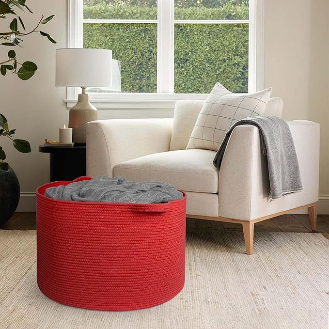 115L Extra Large Red Basket for Organizing, 23.6"x15.7" Jumbo Woven Cotton Rope Bins for Blankets, Baby Nursery Laundry Basket, Kids Dog Toy Storage Box, Huge Red Living Room Decor Organizer