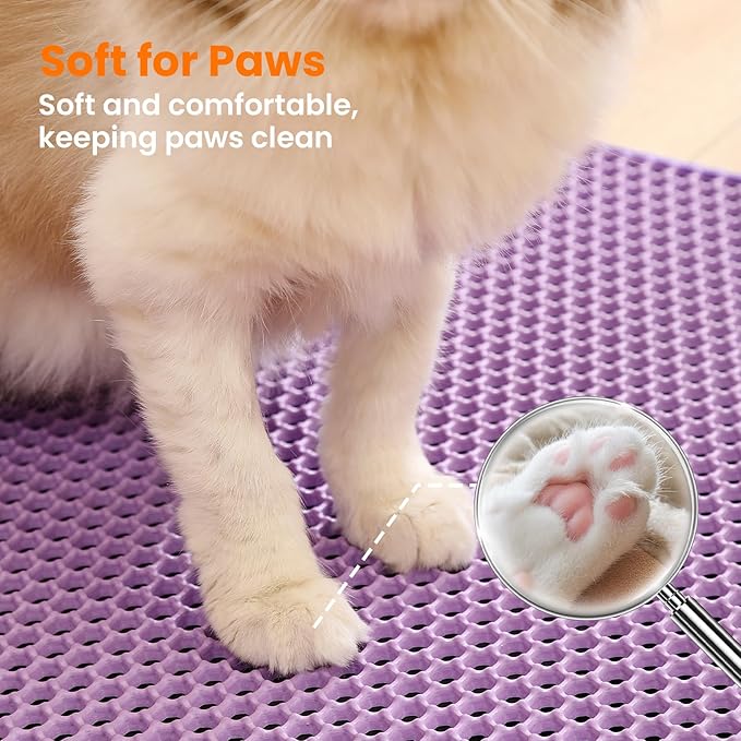 Petinstinct Extra Large Cat Litter Mat, 30x22 Inches Honeycomb Double Layer Cat Litter Trapping Mat, Non Slip Waterproof Urine Proof Large Kitty Litter Box Mat for Floor, Kitten Supplies, XL, Purple