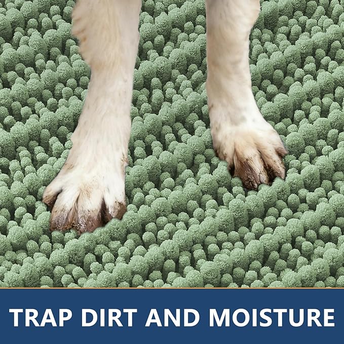 Smiry Dog Door Mat for Muddy Paws 36x24, Extra Soft Absorbent Chenille Doormat, Trap Moisture and Dirt, Non-Slip Machine Washable Front Door Mat for Indoor Entrance Inside Floor, Olive Green