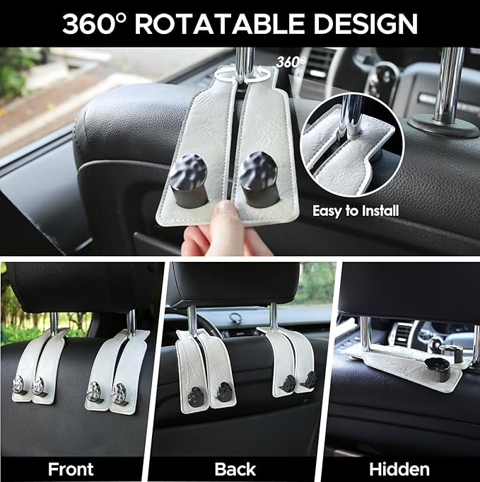 2PCS Leather Car Seat Hooks for Headrest, Vehicle Hanger Storage Organizer Universal for Handbag Purse, Car Accessories Gift (White-Black)