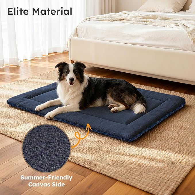 Dog Bed Mat, Dual-Sided Dog Crate Bed Mat - Ultra Soft & Machine Washable Kennel Pad for Large Dogs, All-Season Comfort Pet Bed for Crates, Travel, and Home, Dark Blue 35 x 23 Inch