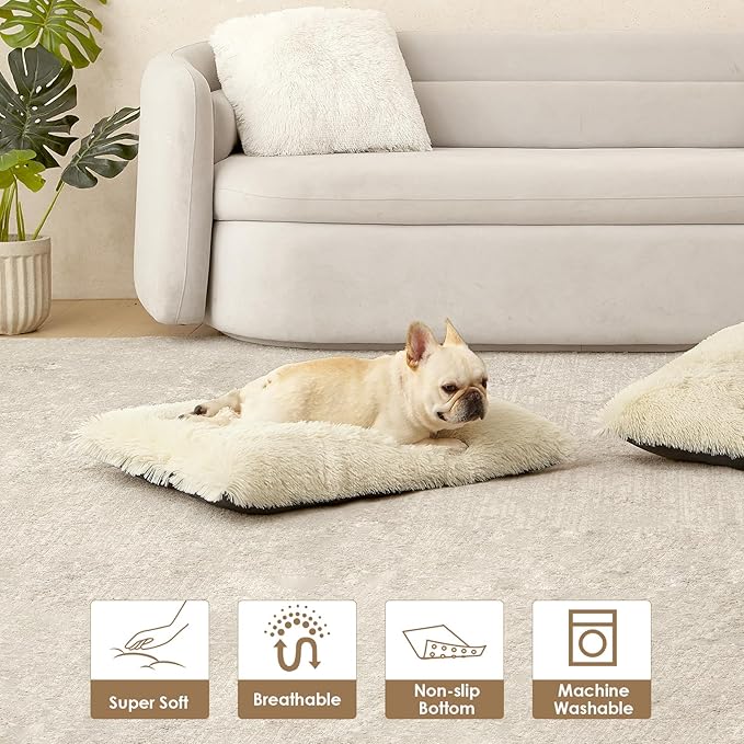EHEYCIGA Fluffy Dog Crate Bed for Large Dogs, Plush Faux Fur Crate Pad, Calming Anti Anxiety Large Dog Bed, Washable Soft Warm Mat with Non-Slip Bottom, Ivory Beige