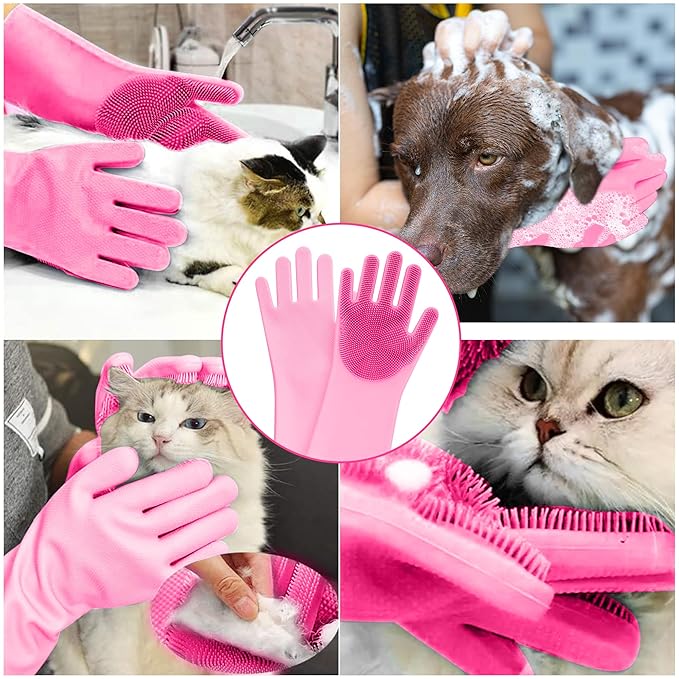 Pet Grooming Gloves, High-Density Silicone Gloves with Enhanced Five Finger Design for Bathing and Massaging Dogs and Cats (Pink)
