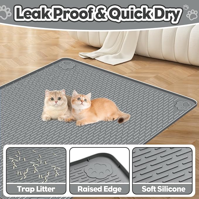 Bartuke Cat Litter Mat, Extra Large 40" x 28" Silicone Mat Litter Trapping Mat for Scatter Control, Soft on Kitty Paws, Easy to Clean (Dark Gray)