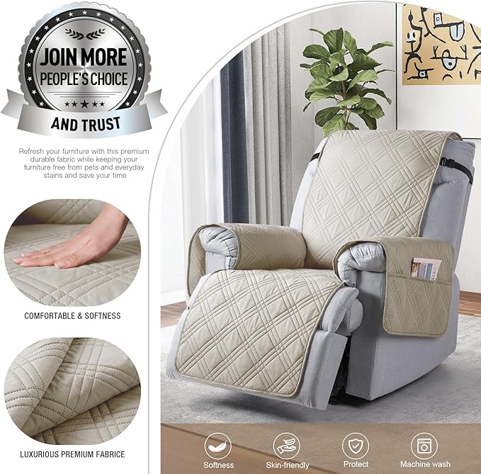 TAOCOCO 100% Waterproof Recliner Chair Covers, Non Slip Recliner Covers for Recliner Chair with Pocket, Washable Reclining Chair Cover Furniture Protector for Kids,Dogs(22'', Cream)