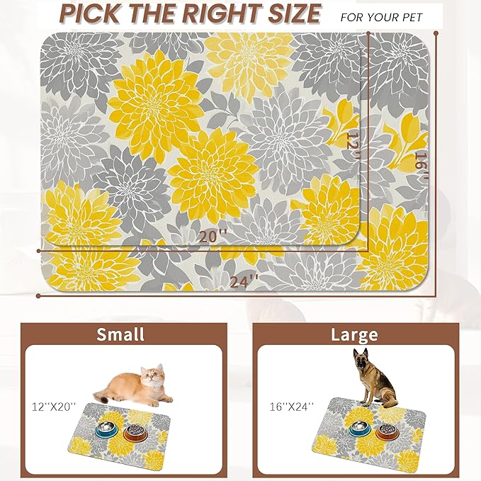 Dahlia Dog Cat Food Mat,Gray Yellow Flower Absorbent Pet Feeding Mat with Rubber Backing,Non-Slip Water Bowl Placemat,Indoor Pet Accessories Supplies 16"x24"