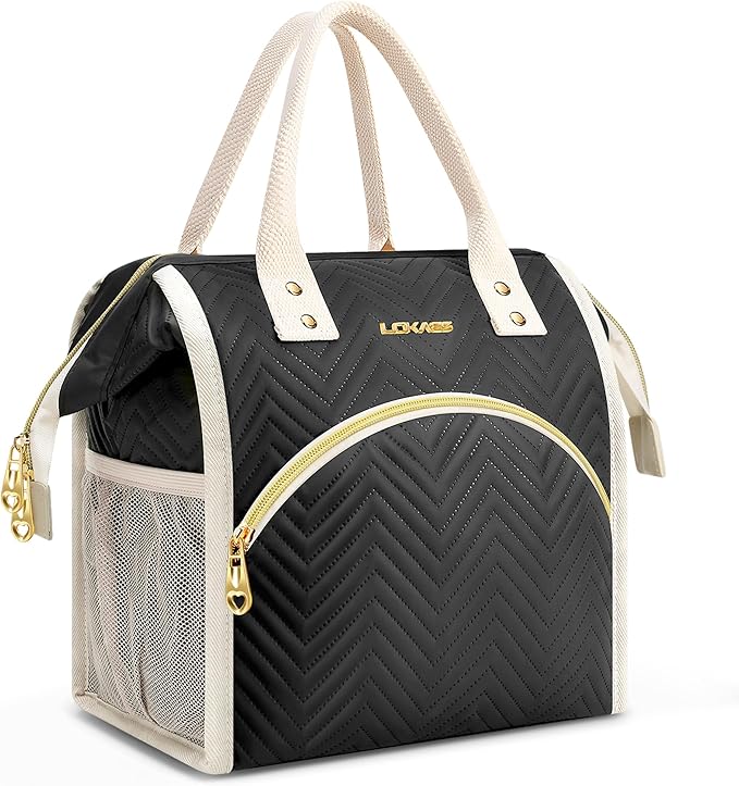 Lunch Bag Women Insulated Lunch Box Wide-Open Lunch Tote Bag Large Drinks Holder Durable Nylon Thermal Snacks Organizer for Men Adults Work Picnic Hiking Beach Fishing, Black Wavy