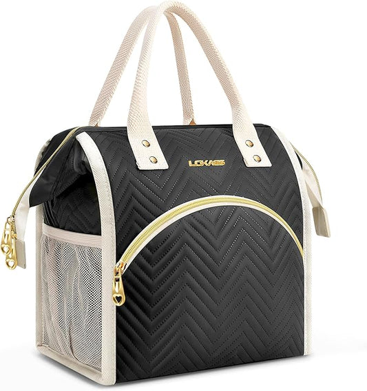 Lunch Bag Women Insulated Lunch Box Wide-Open Lunch Tote Bag Large Drinks Holder Durable Nylon Thermal Snacks Organizer for Men Adults Work Picnic Hiking Beach Fishing, Black Wavy
