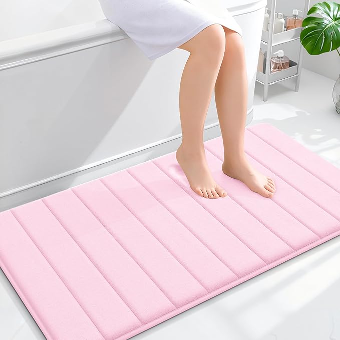 OLANLY Memory Foam Bath Mat 44x24, Super Soft Absorbent Bathroom Rugs, Quick Dry, Machine Washable Shower Floor Rugs, Bathmat Carpet, Bathroom Home Decor Accessories, Pink