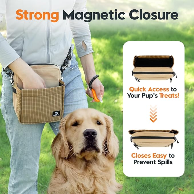 WILDOMS Dog Treat Pouch – Large Capacity with Magnetic Closure, Dog Walking Fanny Pack Built-in Poop Bag Dispenser, Clicker & Collapsible Bowl for Training & Walking - Khaki