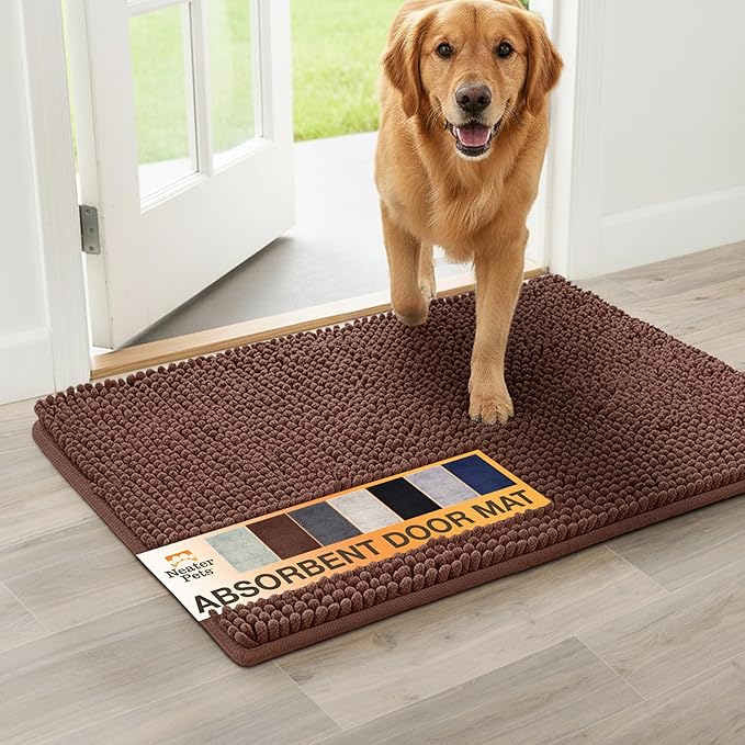 Neater Pets Chenille Dog Door Mat 30” x 20” – Super Absorbent & Quick-Dry Muddy Paws Doormat for Trapping Dirt, Water, Mud - Non-Slip & Machine Washable Pet Rugs for Entryway, Indoor Mud Mats, Brown