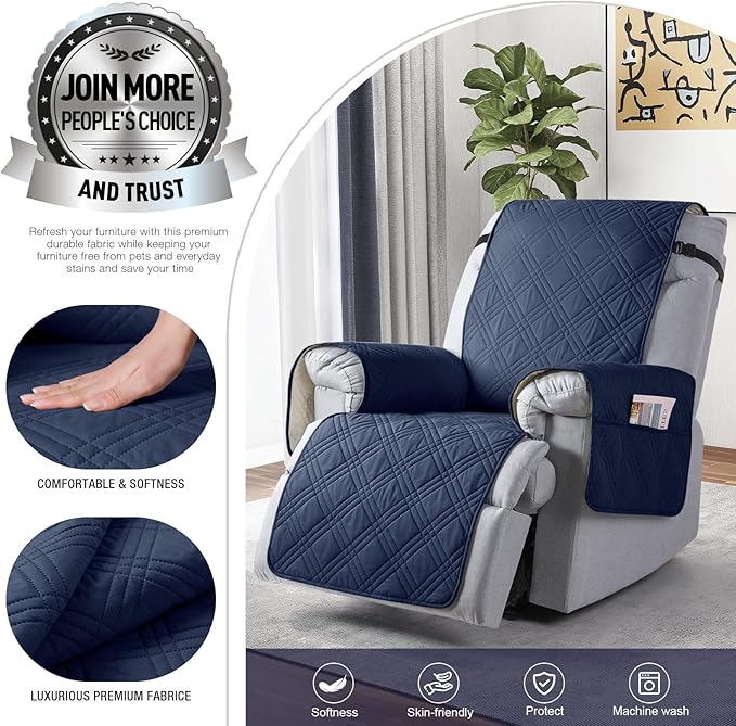 TAOCOCO 100% Waterproof Recliner Chair Cover, Small Recliner Covers for Recliner Chair with Pocket, Non Slip Reclining Chair Cover Furniture Protector for Kids, Pets(20'', Navy Blue)