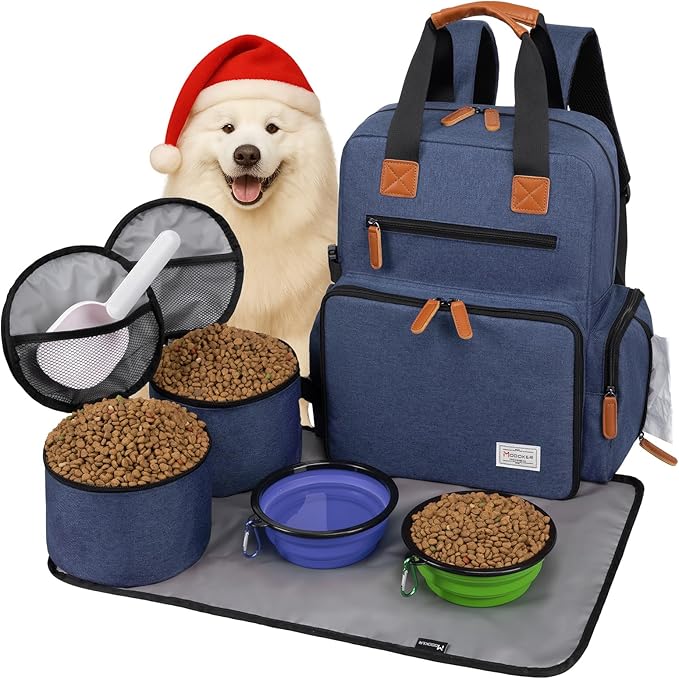 Modoker Dog Travel Bag, Airline Approved Backpack for Pet Accessories Organizer, Tote Weekend Bag with 2 Food Storage Containers, 2 Collapsible Dog Bowls, 1 Pet Mat, Blue