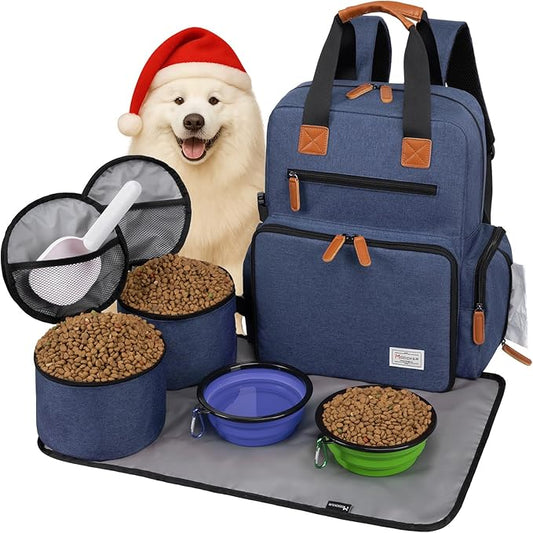 Modoker Dog Travel Bag, Airline Approved Backpack for Pet Accessories Organizer, Tote Weekend Bag with 2 Food Storage Containers, 2 Collapsible Dog Bowls, 1 Pet Mat, Blue