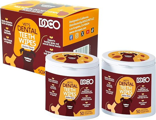 DOCO Dog Teeth Cleaning Wipes - Dog Tooth Brushing Kit, Remove Plaque & Tartar, Dental Freshen Breath, Easy Pet Tooth Cleaning Kit for Oral Care, Ideal for Cat Owners - Chicken Flavor, 100 ct.