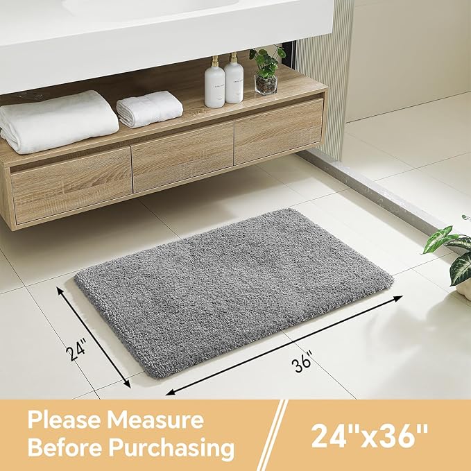 Gray Bathroom Rugs 24"x36" - Fluffy Microfiber Bath Mat, Non Slip and Absorbent Bathroom Floor Mat, Machine Washable Plush Rug - Ideal for Tub, Cabinet or Washroom