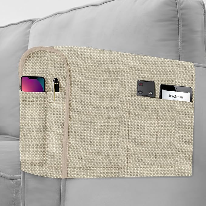 Joywell Armrest Cover Anti-Slip Sofa Arm Protector for Living Room, Armchair Couch Slipcover for Armrest Recliner with 4 Pockets for Tv Remote, Phone, Set of 2 for 6 Inch Width Sofa Armrest, Beige