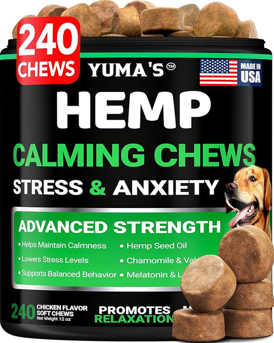 Hemp Calming Chews for Dogs - 240 Treats - Advanced Dog Calming Chews - Anxiety Relief Supplement Treats with Melatonin - Sleep Aid for Separation, Barking, Stress, Hip and Joint Support Made in USA