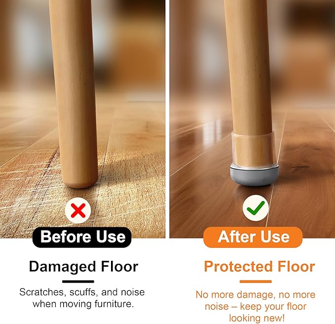 Chair Leg Floor Protectors for Hardwood Floors – Smooth Nylon Base Won’t Trap Cat or Dog Hair, Clear Silicone Caps No Scratch & Silent on Carpet & Tile (32 Pack, Fits 1-1/8" to 1-9/16")