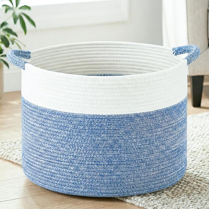 Artfeel 70L Large Cotton Rope Basket, Decorative Woven Blanket Storage for Living Room, Boho Toy Storage & Toy Box for Kids, Versatile Laundry Basket & Nursery Hamper for Blankets(DenimBlue)