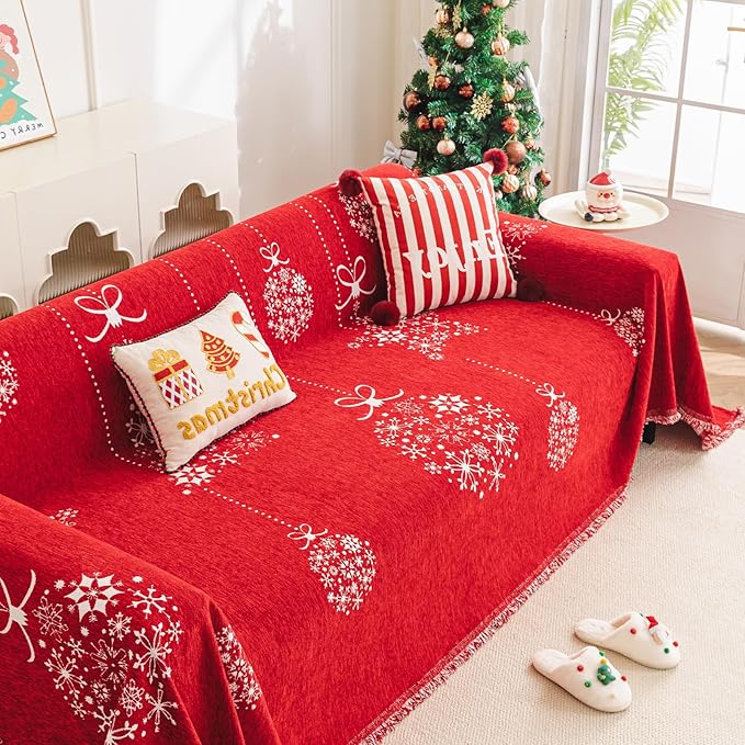 hyha Couch Cover for Dogs, Boho Sofa Covers for 3 Cushion Couch Washable, Chenille Sofa Slipcover for Pets, Soft Loveseat Sectional Couch Throw Blankets with Tassels (Red Snowflakes, 71x134 Inch)