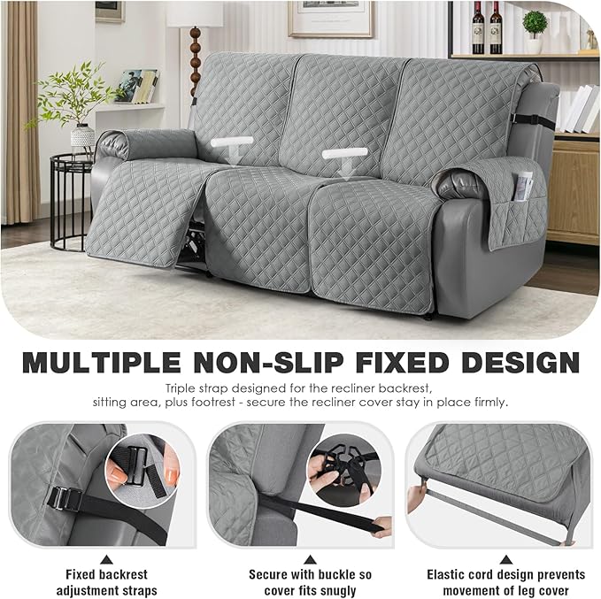 TAOCOCO 100% Waterproof Recliner Couch Covers, Recliner Sofa Covers with Leg Straps, 1-Piece Washable Reclining Sofa Cover with Pocket Couch Protector for Pets Kids(3 Seater, Light Gray)