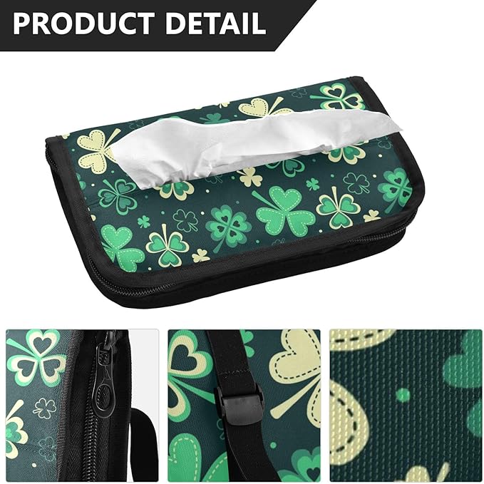 Car Tissue Holder Car Napkin Holder Car Tissue Box Dispenser Storage Case Sun Visor Mask Holder with Adjustable Straps Reusable Refillable Green Clover Leaves