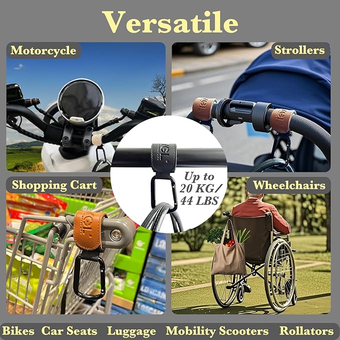 Stroller-Hooks - Adjustable Stroller Carabiner Clips, Universal Stroller Clips and Hooks for Parents and Travelers - Ideal Stroller Accessories for Shopping, Travel, and Baby Gear - Brown, 2 Pack