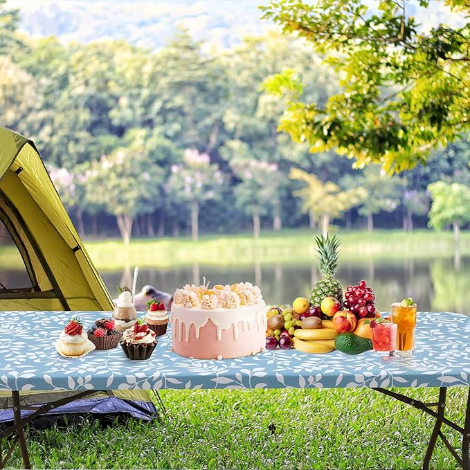 misaya Rectangle Vinyl Tablecloth, Fitted Table Cover, 100% Waterproof, Elastic Edge, Flannel Backing, Plastic Table Cloth Fit Folding Tables for Picnic, Outdoor (Blue Leaves, 36x60 inch)