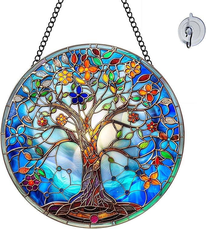 Tree of Life Suncatcher 8 Inch Stained Glass Window Hanging Diamond Chain Hooks – Indoor/Outdoor Wall Art Home Décor -Gift for Women Men Valentine's Day Thanksgiving Ornaments Festival Gifts