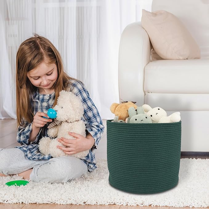 XUANGUO Cotton Rope Basket For Girls Boys Kids 16”X14” Baby Laundry Basket Nursery Bin Round Woven Baskets Organizer For Storage Toys Blankets Shoes Clothes dark green
