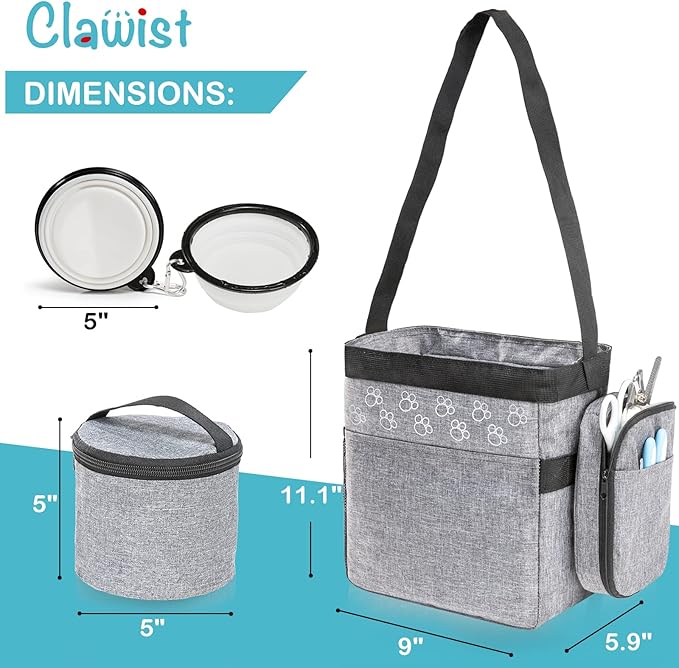 CLAWIST Dog Travel Bag with Treat Pouch, Airline Approved Dog Bags for Traveling, 2 Dog Food Travel Container, 2 Travel Bowls, Weekend Dog Travel Bag for Supplies, Dog Travel Kit Accessories