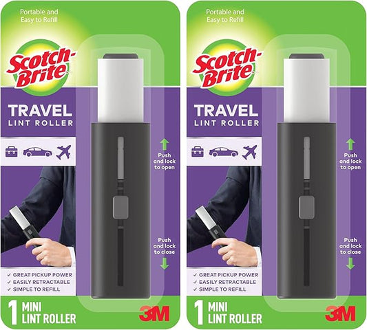 Scotch-Brite Retractable Lint Rollers 2-Pack, Portable Travel-Size Lint Removers for Pet Hair on Clothes, Furniture & Car, 3 in x 8.5 in Mini Rollers, 30 Sticky Sheets Each