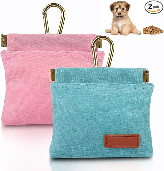2Pcs Dog Treat Pouches for Pet Training, Hand Free Puppy Dogs Treat Bag with Carabiner, Portable Auto Closing Pet Dog Walking Bag for Travel or Outdoor Use, Pets Feed Snack Reward Pocket- Pink, Green