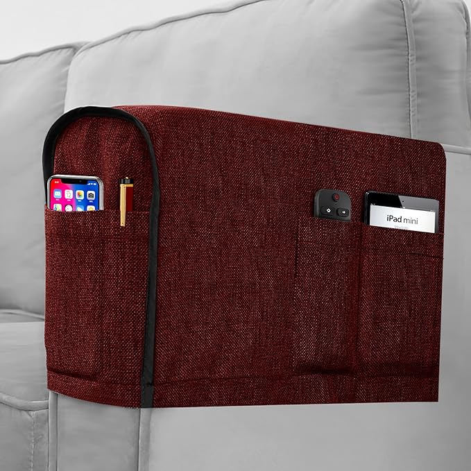 Joywell Linen Armchair Covers for Living Room Anti-Slip Sofa Arm Protector for Dogs, Cats, Pets Armchair Slipcover for Recliner with 4 Pockets for TV Remote Control, Phone, Set of 2, Burgundy