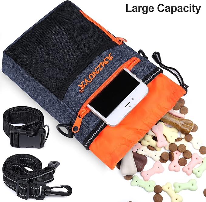 AMZNOVA Dog Treat Bag Treatkit Dog Treat Pouch, Waist Clip On Crossbody Fanny Pack for Pet, Training Pouch with Shoulder Strap & Waist Belt for Walking & Training, 6Cups, Heather Navy