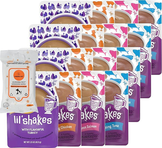 Aurora Pet Variety (16) Pureed Topper Lickable Cat Food (4) Chicken (4) Turkey (4) Salmon (4) Tuna (1.55-oz Each) with AuroraPet Wipes