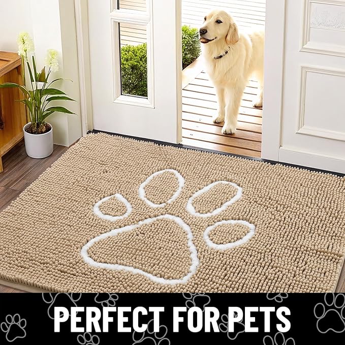Smiry Dog Door Mat for Muddy Paws, Absorbent Dirt Trapper Non Slip Quick Dry Washable Chenille Mat for Mud Dogs, Entry Rug for Indoor and Outdoor (40x24 Inches, Beige and White)